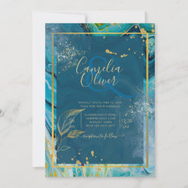 Peacock Blue Gold INK Abstrakt Wedding Einladung