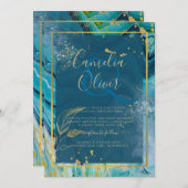 Peacock Blue Gold INK Abstrakt Wedding Einladung (Vorne/Hinten)