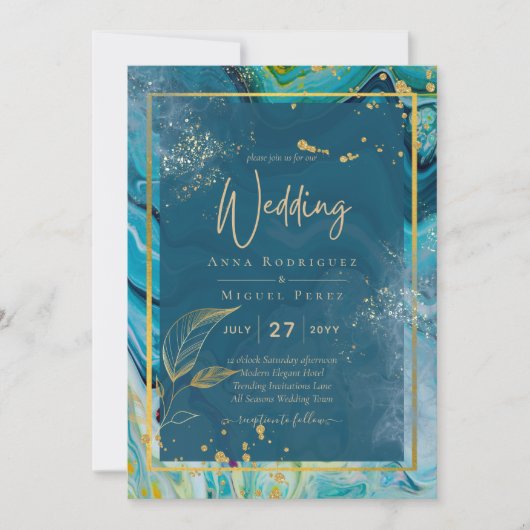 Peacock Blue Gold INK Abstrakt Wedding Einladung (Vorderseite)