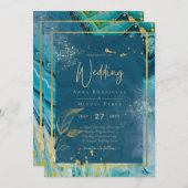 Peacock Blue Gold INK Abstrakt Wedding Einladung (Vorne/Hinten)