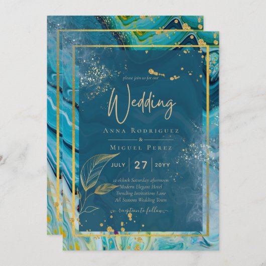 Peacock Blue Gold INK Abstrakt Wedding Einladung (Vorne/Hinten)