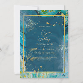 Peacock Blue Gold INK Abstrakt Wedding Einladung