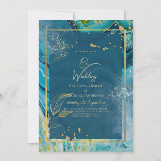 Peacock Blue Gold INK Abstrakt Wedding Einladung (Vorderseite)