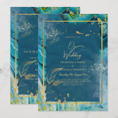 Peacock Blue Gold INK Abstrakt Wedding Einladung (Vorne/Hinten)