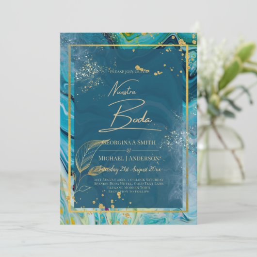 Peacock Blue Gold INK Abstrakt Wedding Einladung (Stehend Vorderseite)