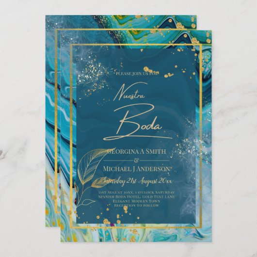 Peacock Blue Gold INK Abstrakt Wedding Einladung (Vorne/Hinten)