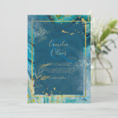 Peacock Blue Gold INK Abstrakt Wedding Einladung (Stehend Vorderseite)