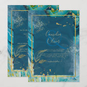 Peacock Blue Gold INK Abstrakt Wedding Einladung (Vorne/Hinten)