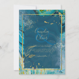 Peacock Blue Gold INK Abstrakt Wedding Einladung