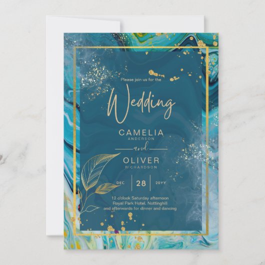 Peacock Blue Gold INK Abstrakt Wedding Einladung (Vorderseite)
