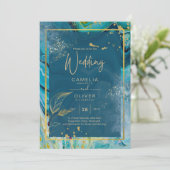 Peacock Blue Gold INK Abstrakt Wedding Einladung (Stehend Vorderseite)