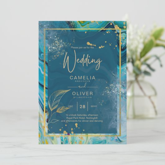 Peacock Blue Gold INK Abstrakt Wedding Einladung (Stehend Vorderseite)