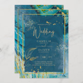 Peacock Blue Gold INK Abstrakt Wedding Einladung (Vorne/Hinten)