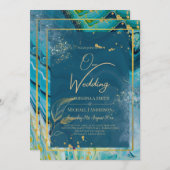 Peacock Blue Gold INK Abstrakt Wedding Einladung (Vorne/Hinten)