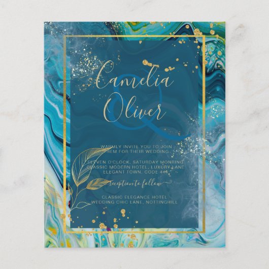 Peacock Blue Gold INK Abstrakt Wedding Flyer (Vorne)