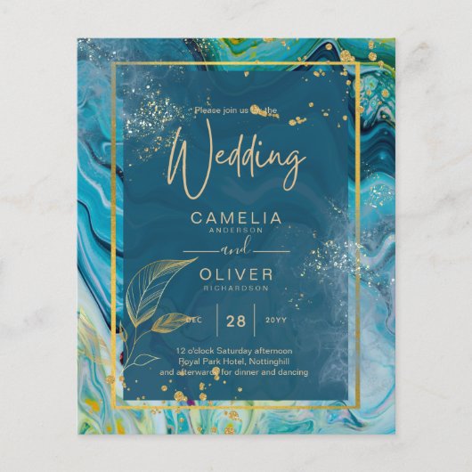 Peacock Blue Gold INK Abstrakt Wedding Flyer (Vorne)
