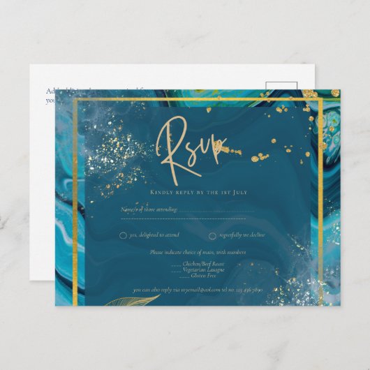 Peacock Blue Gold INK Abstrakt Wedding Postkarte (Vorne/Hinten)