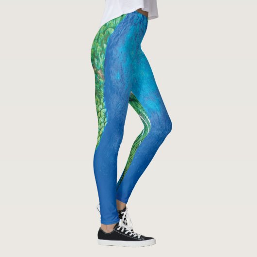 Peacock Blue Green Feather Textur Sommervibes werd Leggings (Rechts)