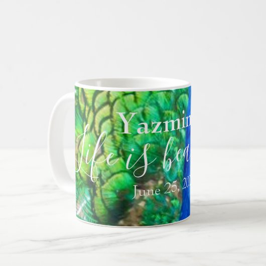 Peacock Blue Green Feather Texture Summer Vibes Kaffeetasse (Vorderseite Links)