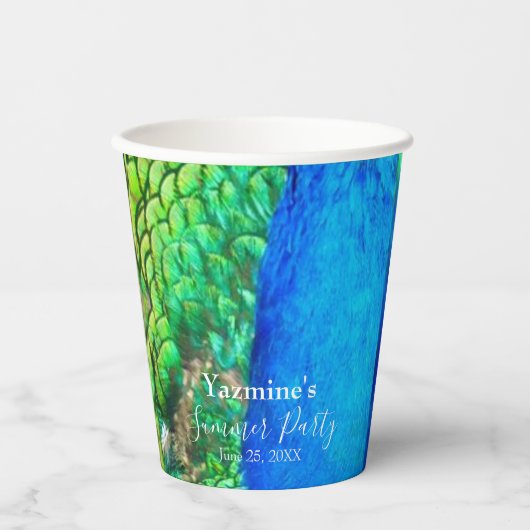 Peacock Blue Green Feather Texture Summer Vibes Pappbecher (Vorderseite)