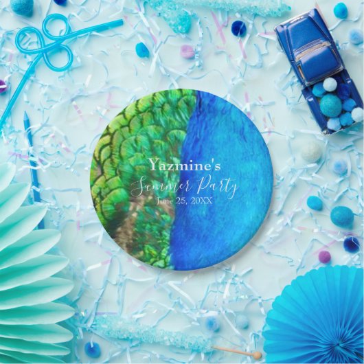 Peacock Blue Green Feather Texture Summer Vibes Pappteller (Party)