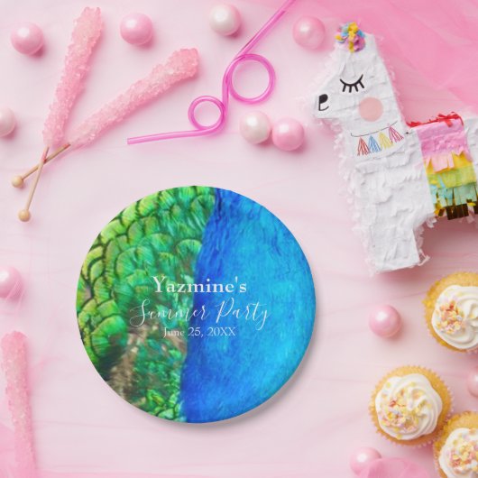 Peacock Blue Green Feather Texture Summer Vibes Pappteller (Party)