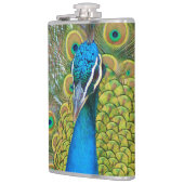 Peacock Blue Head mit bunten Schwanz Feathers Flachmann (Links)