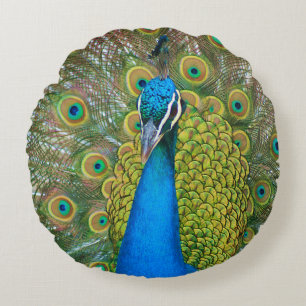 Peacock Blue Head mit bunten Schwanz Feathers Rundes Kissen