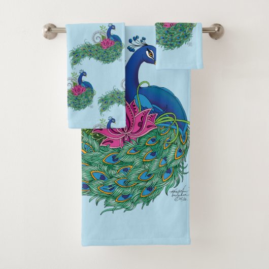 Peacock Blue Lotus Blume Henna Badhandtuch Set (Insitu)