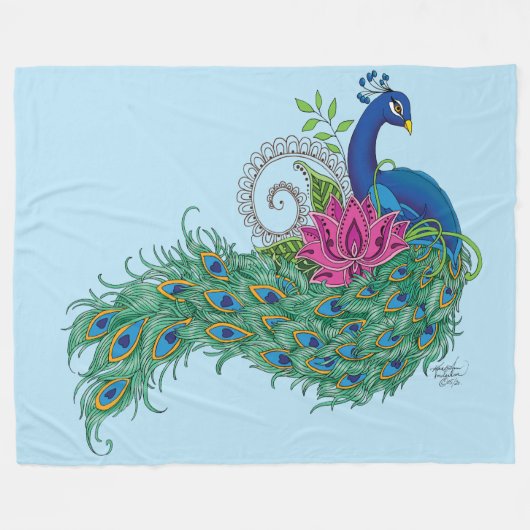 Peacock Blue Lotus Blume Henna Fleecedecke (Vorderseite (Horizontal))