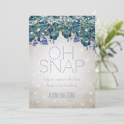Peacock Blue Silver OH Snap Wedding Hashtag Card (Stehend Vorderseite)