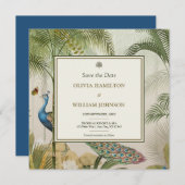 Peacock Blue Square Tropical Peacock Palm Save The Date (Vorne/Hinten)