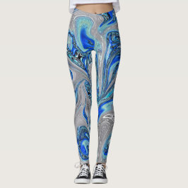 Peacock Blue und Silver Marble Abstrakt Leggings