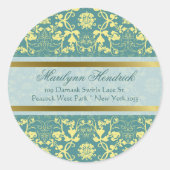 Peacock Blue Vintag Damask Lace Rücksendeadresse Runder Aufkleber (Vorderseite)