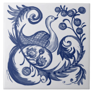 Peacock Blue White Swirl Vintages Folk Design Fliese
