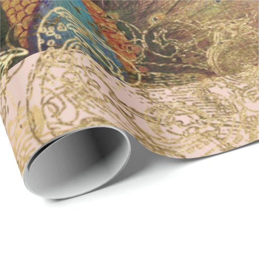 Peacock Blush Pink Peony Floral Gold Decoupage Geschenkpapier (Rolleneckpunkt)