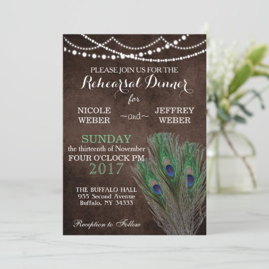 Peacock Boho Country Wood Rustic Wedding Einladung (Stehend Vorderseite)