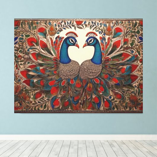 Peacock Canvas Prints: Authentische madhubanische  Leinwanddruck (Insitu (Holzboden))