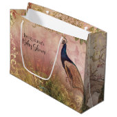 Peacock Chinoiserie Peony Floral Baby Girl Dusche Große Geschenktüte (Vorderseite Schrägansicht)
