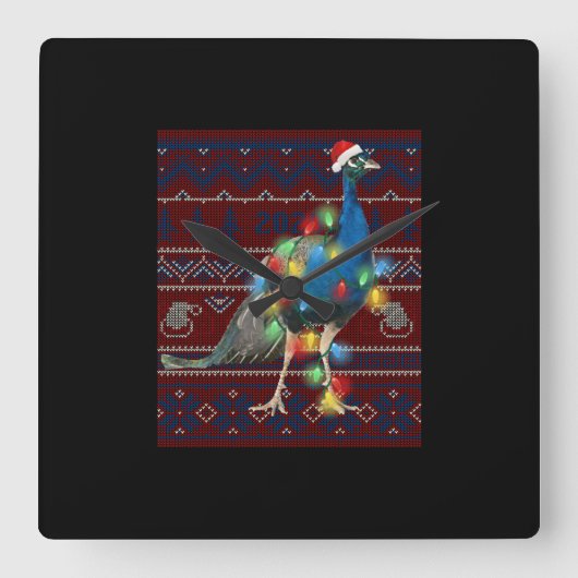 Peacock Christmas Lights Ugly Sweater Goat Lover Quadratische Wanduhr (Vorderseite)