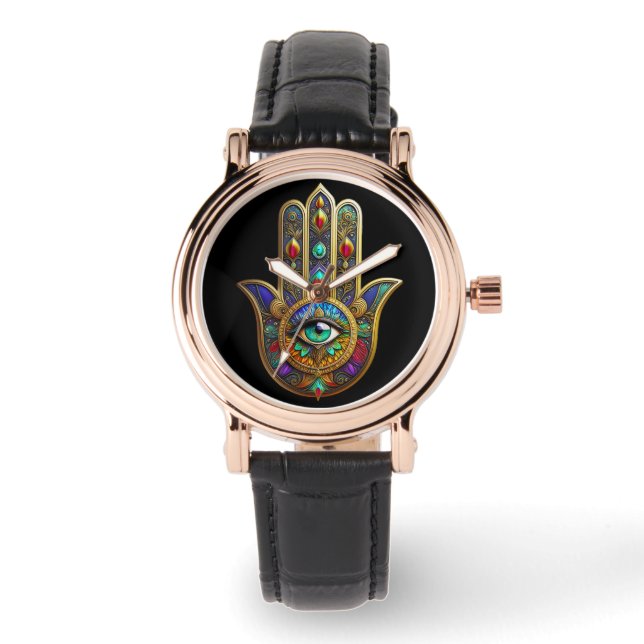 Peacock Color Flower Petals Hamsa Green Third Eye Armbanduhr (Vorderseite)