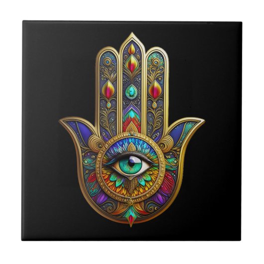 Peacock Color Flower Petals Hamsa Green Third Eye Fliese (Vorderseite)