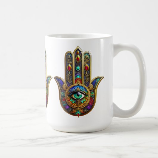Peacock Color Flower Petals Hamsa Green Third Eye Kaffeetasse (Rechts)