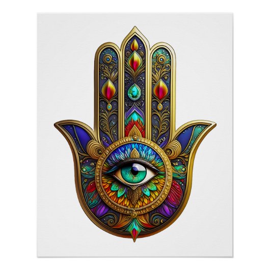 Peacock Color Flower Petals Hamsa Green Third Eye Poster (Vorderseite)