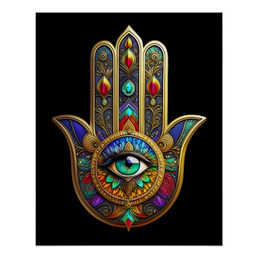Peacock Color Flower Petals Hamsa Green Third Eye Poster (Vorderseite)