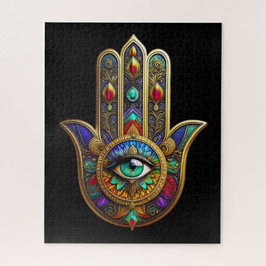 Peacock Color Flower Petals Hamsa Green Third Eye Puzzle (Vertikal)