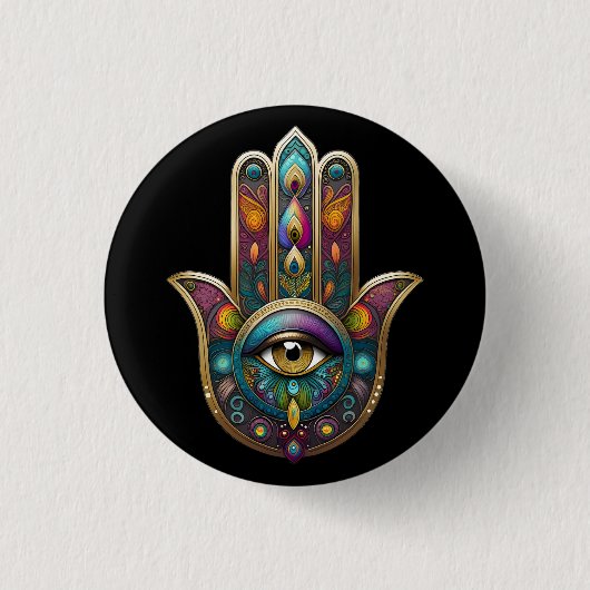 Peacock Colors Hamsa w/ Gold Third Eye Button (Vorderseite)