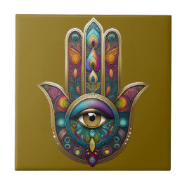 Peacock Colors Hamsa w/ Gold Third Eye Fliese