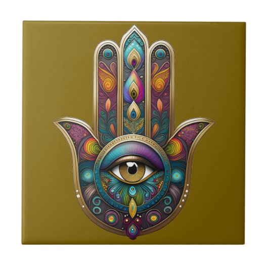 Peacock Colors Hamsa w/ Gold Third Eye Fliese (Vorderseite)
