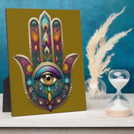 Peacock Colors Hamsa w/ Gold Third Eye Fotoplatte (Seite)